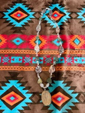 Handcrafted Green and Tan Stone Pendant Necklace by